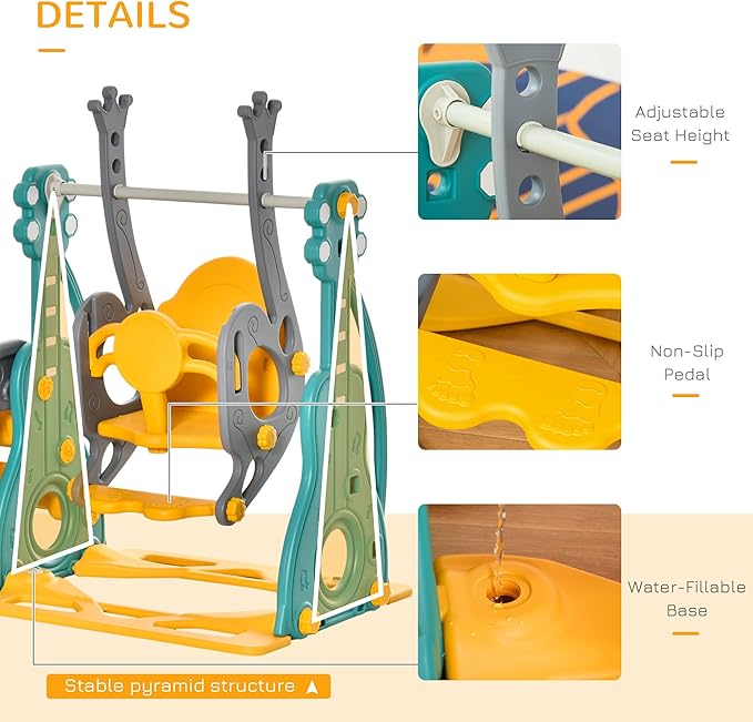 Qaba 4 in 1 Toddler Swing and Slide Set, Kids Slide for Aged 1.5-3 with Climber, Ultra-Safety, Basketball Hoop, Baby Playground Set, Fun Indoor/Outdoor Playset Exercise Toy