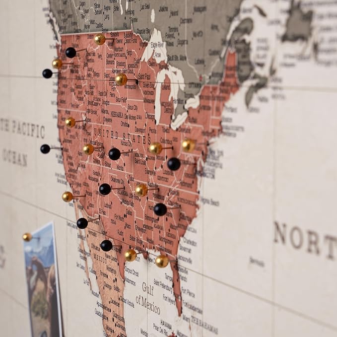 Canvas World Map with Cork Pin Board - English Lettering - Decorative Wall Decoration for All Rooms - Canvas Pictures with World Map Motif (70x50 cm, Pattern 2)