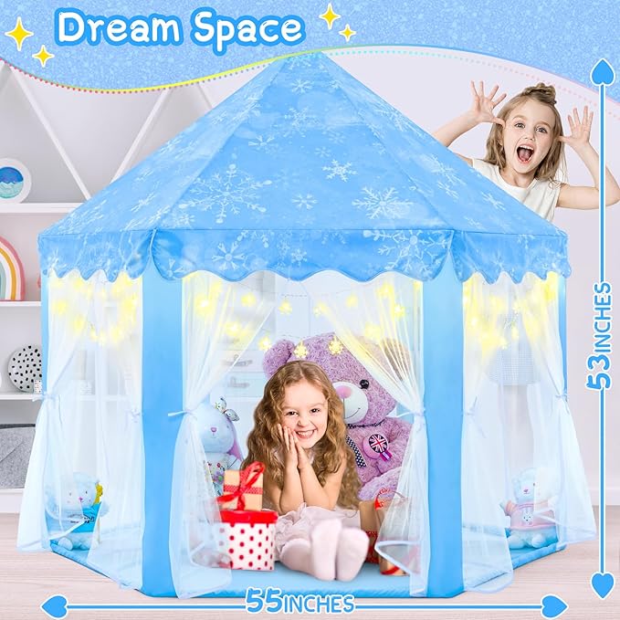 EVOIONOS Frozen Princess Tent for Girls, Kids Play Tent with Snowflake Lights, Castle Playhouse for Children Indoor Outdoor Games, 55 x 53 inches, Blue
