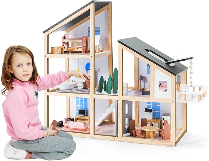 Large Wooden Doll House for Kids Ages 3+, Sturdy Modern Family Dollhouse Kit with Realistic Furniture Design, Educational Wooden Toy House for Toddlers Early Learning & Creative Play