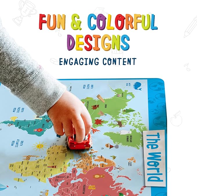 Merka Kids Educational Placemat Set 4-Pack - 17 x 11 in Multicolor Silicone - Washable & Reusable with Secure Grip Backing - Map Placemats for Kids, Solar System, Human Body, World & US Map