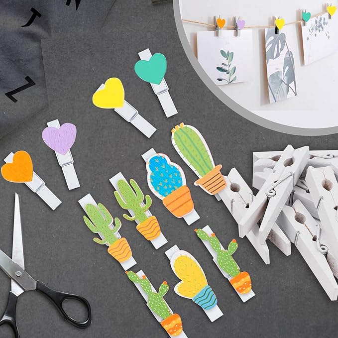 50PCS Colored Wooden Clothespins, 2.9inch White Clothes Pins for Clip Pictures Photos Decorative, Small Colorful Wood Decoration Closepins Clips