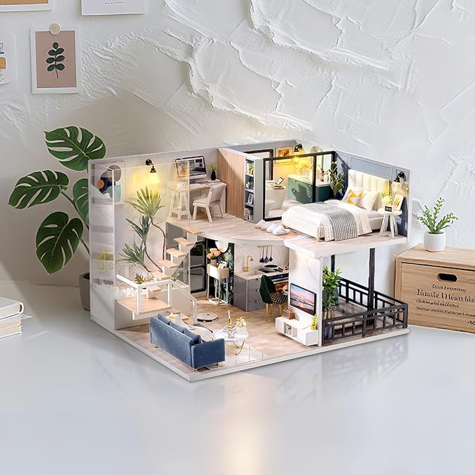 Fsolis DIY Miniature Dollhouse Kit - Tiny House Modern Mini Scene Kit 3D Puzzles for Adults and Teenagers, Gifts for Women Teenagers Craft Lovers (Cozy Time)