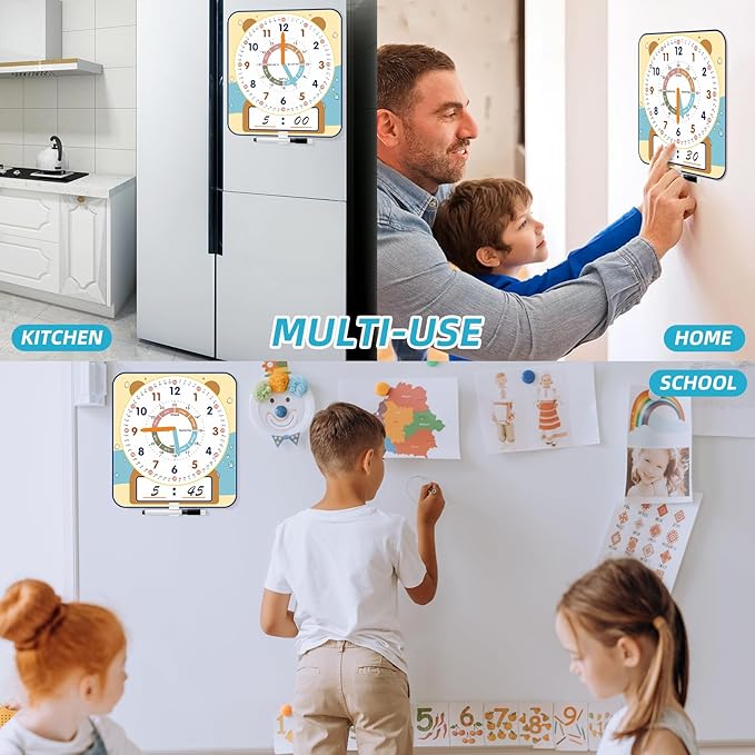 Large 12" Magnetic Writable Dry Erase Teaching Clock with Cute Style, Teaching Demonstration Clock for Kids Learning Practice Time for Home School Classroom Supplies (12" x11"-Beige)