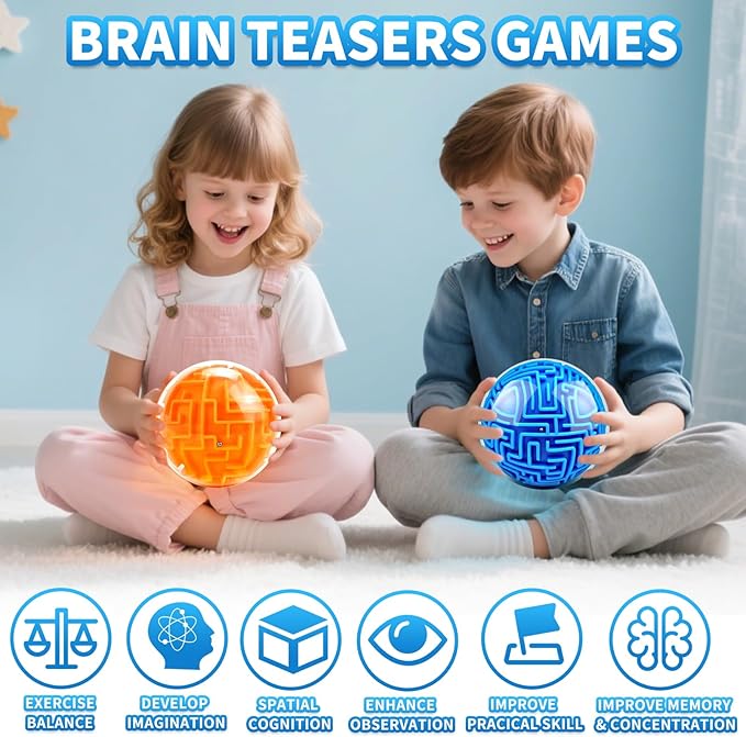 2 Pack 3D Maze Puzzle Ball - Brain Teaser Game, Gravity Memory Cube - Educational Toy Gifts for Students, Teens, Adults - Orange and Blue