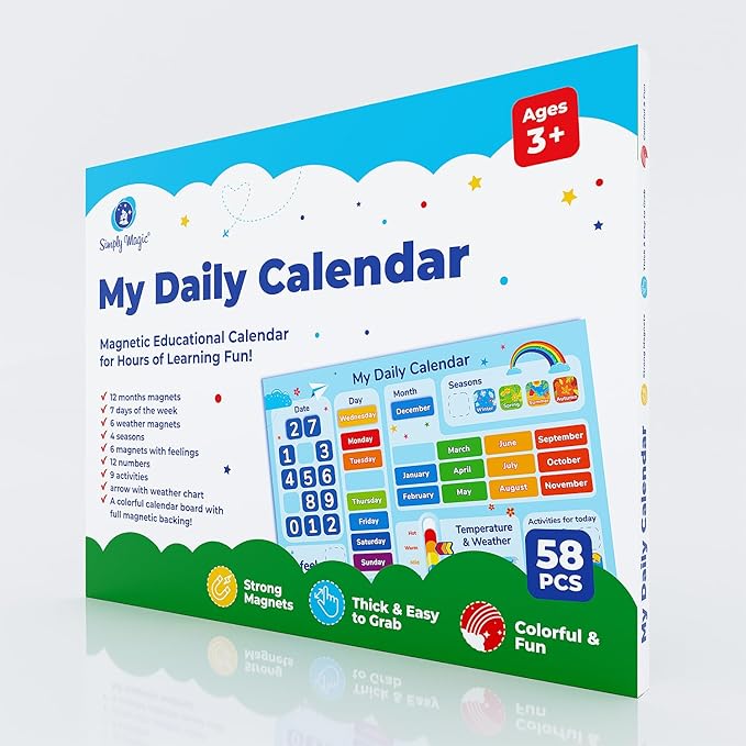Simply magic 58 PCS Kids Calendar - My First Daily Magnetic Calendar with Weather and Feelings, Days of The Week, All About Today Board – Preschool Learning Chart for Wall or Fridge, Circle Time