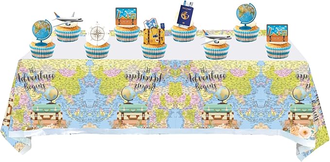 2 Pcs Adventure World Awaits Tablecloth, The Adventure Begin Birthday Party Supplies Decorations–Adventure Party Table Cover (70.9" x 42.5") (Pack of 2)