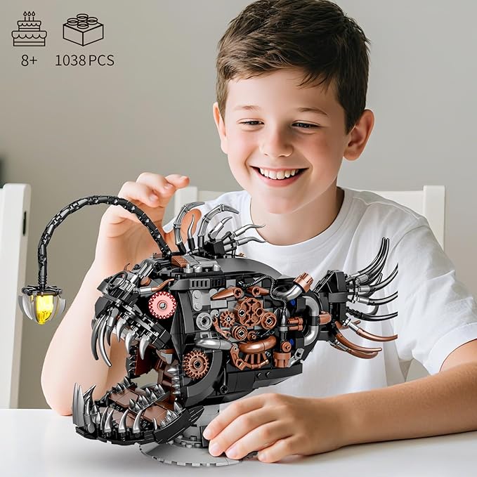 Mechanical Fish Building Sets for Adult,Deep-Sea Animal Building Display with Light,Collection Decor for Home or Office,Creative Blocks Gift for Boys Teens and Kids 8-14(1038PCS)