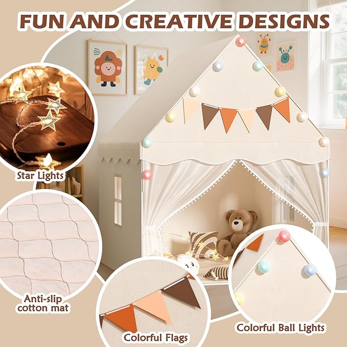 EagleStone Kids Play Tent with Star Light and Padded Mat, Playhouse for Kids, Neutral Color Play Room Furniture, Indoor Bed Tent Gift Toys for Toddle 3,4,5,6-Year-Old Girls,Boys, Girls,