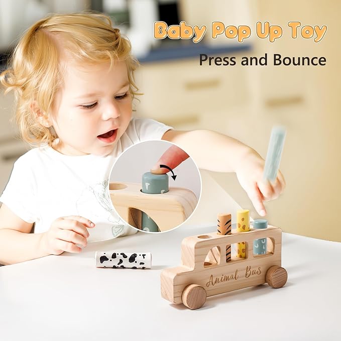 Wooden Pop Up Toys for Babies | STEM Montessori Toys Color Animal Bus for Toddlers | Preschool Learning Toddler Educational Gifts for Kids Boys Girls | Baby Toy Games