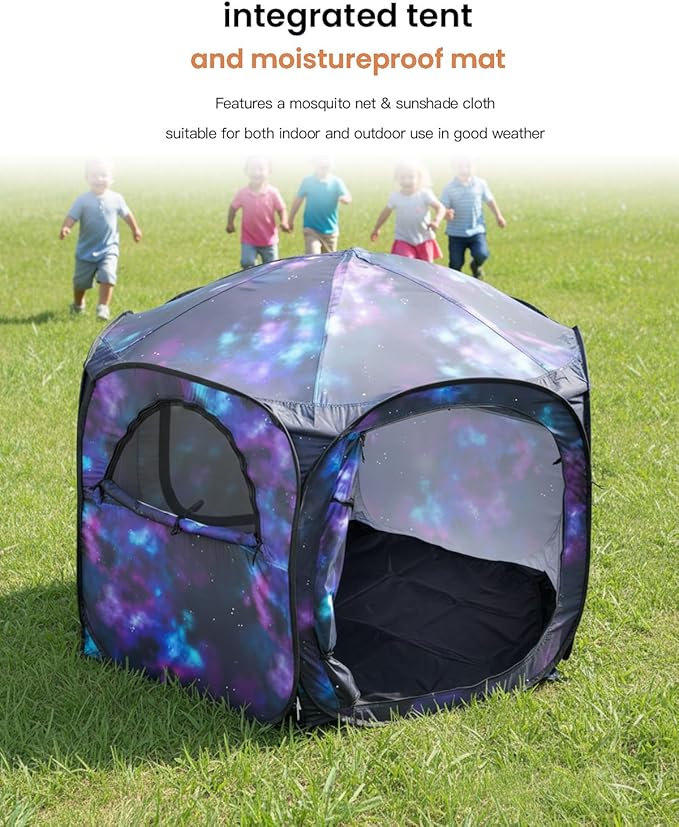Kids Pop Up Play Tent with Fairy Lights, Hexagonal House with Removable Mat, Indoor Playhouse for Children, Galaxy Theme Gift for 3-4 Kids