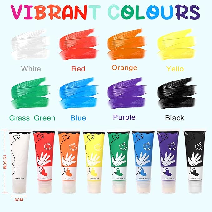 Washable Finger Paint for Toddlers, 8 Colors Large Capacity (2.54fl Oz) with Sponge Tip, Non-Toxic Baby Safe Paint for Hand and Feet, Art Supplies, Preschool Learning Gifts, Ages 1-3 4 5 6+