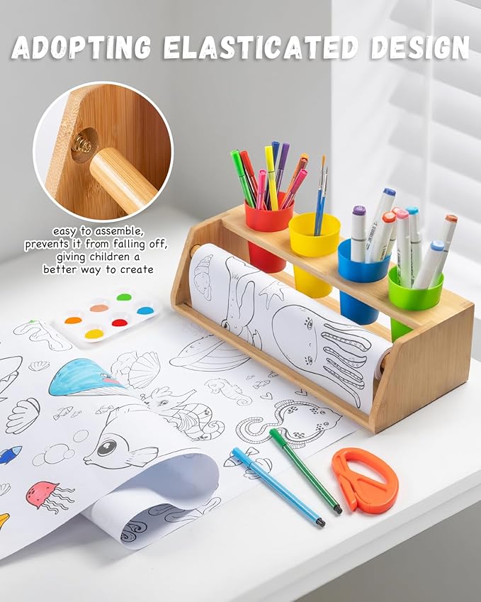 Paper Roll Dispenser for Kids Art Tabletop Easel with Blank & Patterned Paper Rolls, 12 Pigments, Drawing Tools, Pen Cups Craft Station for Kids Ages 3-8 in Home, Classroom