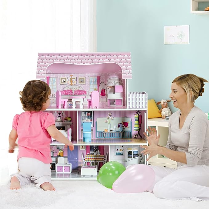 Costzon Wooden Dollhouse for Kids, 3-Story Semi-Open Doll House with 5 Rooms & 8 Pieces Furniture Accessories, Balcony, Preschool DIY Pretend Play Dollhouse Toy, Gift for Girls & Boys Ages 3+