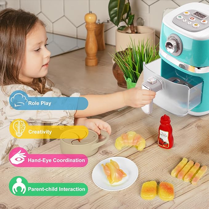 Play Kitchen Accessories, Pretend Kitchen Appliances Set with Toy Air Fryer for Kids with Sound and Lighting, Color-Changing Play Food, Birthday Gift for Boys and Girls Ages 3-5 4-8,Blue