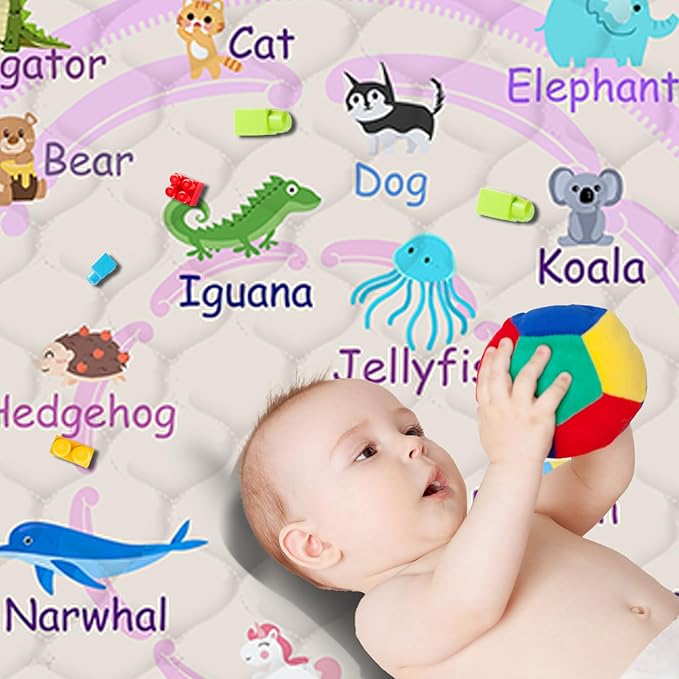 Baby Play Mat，Thick Soft 47" X 47" Playpen mat, Non-Slip and Machine Washable Baby Play Mats for Floor，Crawling Mat for Babies, Toddlers & Infants to Play and Learn (Pink Animal)