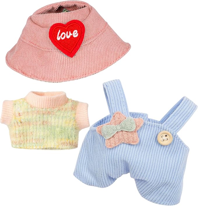 17cm Doll Clothes for Labubu - Kawaii Chic Style Set for 17cm Dolls, Cute Doll Outfit with Accessories - Colorful T-Shirt + Star Light Blue Romper + Heart Shaped Pink Hat (Clothes Only)