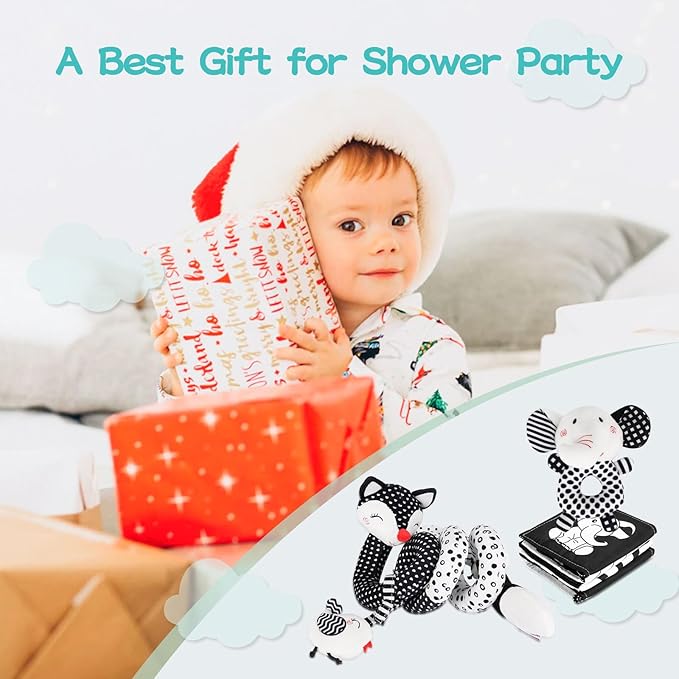 High Contrast Black and White Baby Toys 3-Piece Newborn Essentials Set with Hanging Toys,Rattle Crib Mobile,Baby Book & Car Seat Stroller Toys for 0-3-6-12 Months Infant Development