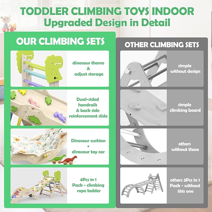 Pikler Triangle Set with Cushion, 12 in 1 Toddler Montessori Toys Indoor Baby Climbing Gym Pikler Triangle Climbing Set Wooden Toy Climbing Rope Ladder, Shape Sorter, Push Car 【Dinosaur Toys】