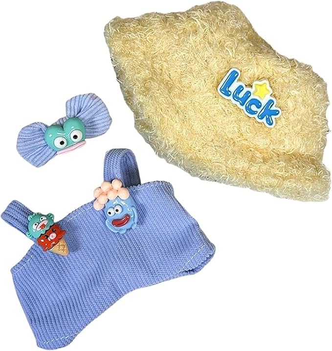 17cm/6.7in Clothes Set for Dolls - Cute Hat & Overalls Outfit, Soft Premium Fabric Dress Up Accessories Suit, Easy On/Off, NO Doll Included (Largemouth Fish)