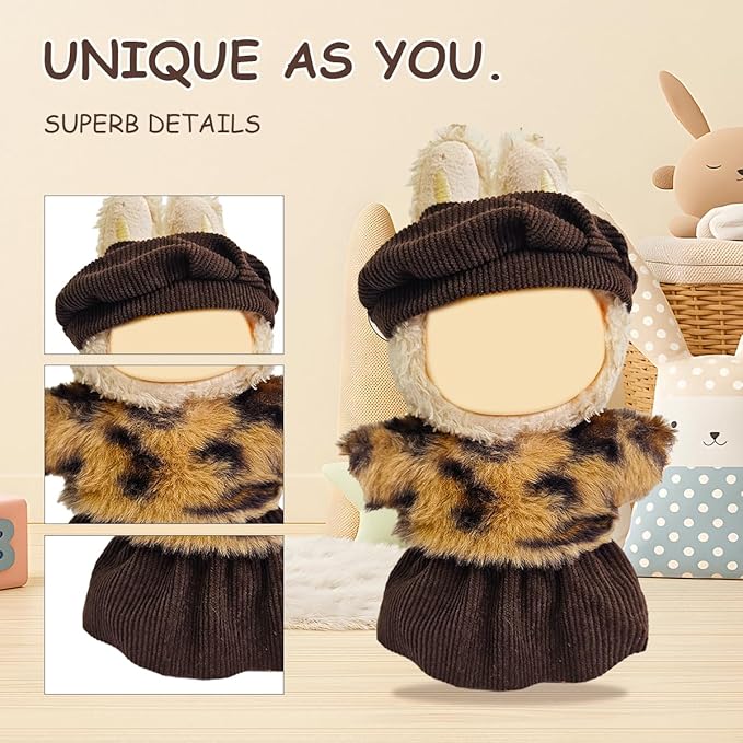 17cm Doll Clothes Set, Premium Jeans & Knitted Sweater Outfit for 17cm 15cm Dolls, Cute Dress Up Fashion, No Doll Included (Leopard, 17cm/15cm)