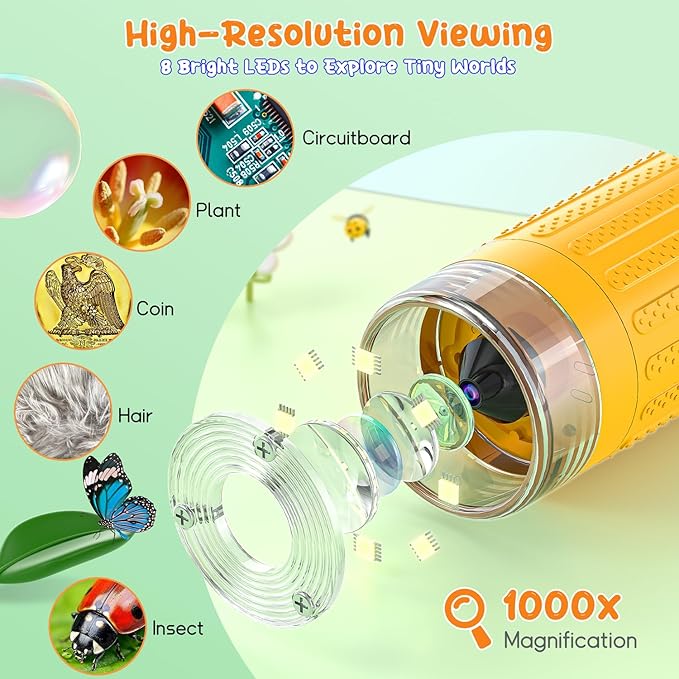 Digital Microscope for Kids, 3" Screen 1000X Handheld Microscope HD Pocket Portable Microscopes Camera, Science Edu Fun Birthday Gifts Toys for Ages 4-12 Children Students Boys Girls -Yellow