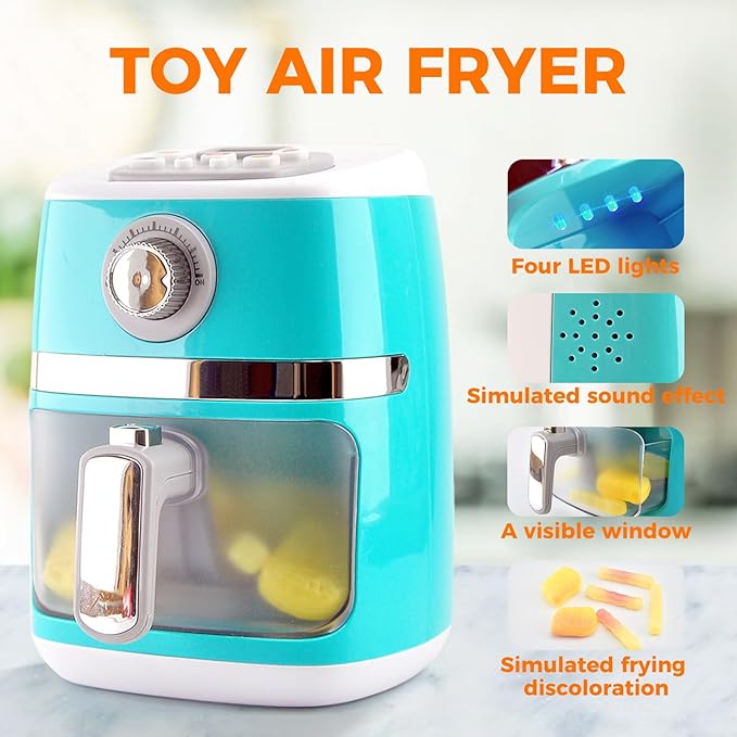 Play Kitchen Accessories, Pretend Kitchen Appliances Set with Toy Air Fryer for Kids with Sound and Lighting, Color-Changing Play Food, Birthday Gift for Boys and Girls Ages 3-5 4-8,Blue