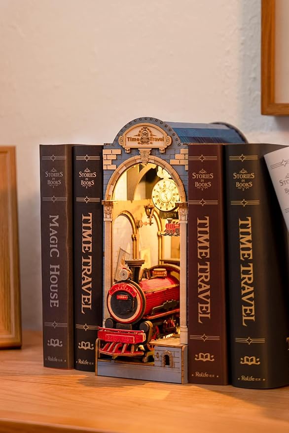 ROBOTIME Book Nook Kit DIY Miniature House Kit 3D Wooden Puzzle Booknook Decorative Bookend Bookshelf Halloween/Christmas Decorations/Gifts for Adults (Time Travel)