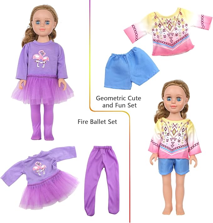 MSYO 10 Sets (19 Pcs) Doll Clothes for 17-18 Inch Dolls, Diverse Outfits (Dinosaur Print, Flamingo Top, Floral Dress) & Casual Wear, Fashion Dress-Up Set for Kids’ Play & Gifting