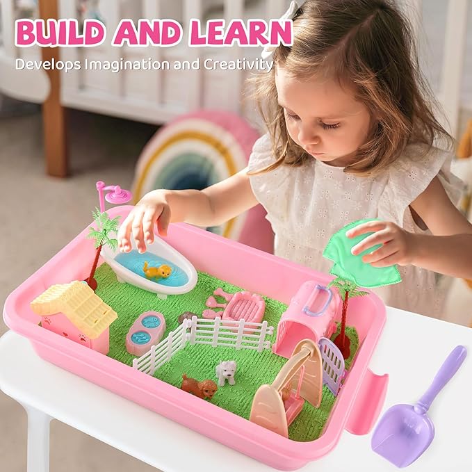 21 PCS Pet Sensory Bin, Dog & Cat Sandbox with Sand & Box, Play Sand Art Toys Kit, Pet Care Play Set, Beach Toys for Kids Ages 4-8, Birthday Gift Girls Boys 3 4 5 6 7 Years Old