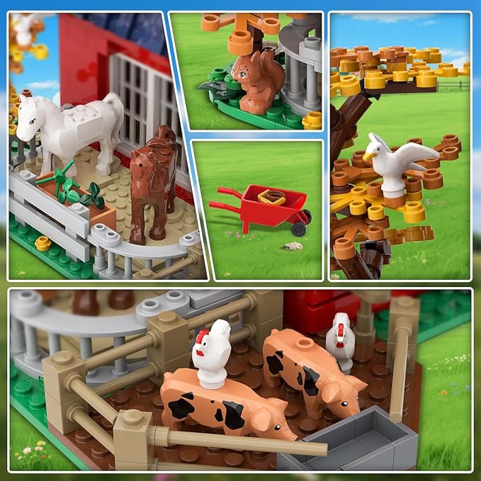 Western Farm Barn House Building Set with Lights, Newly Enhanced with Reinforced Structure, 1419 PCS Red Barn Building Toy with Animals Horse Tractor Windmill, Gift for Adults Boys Girls 10+