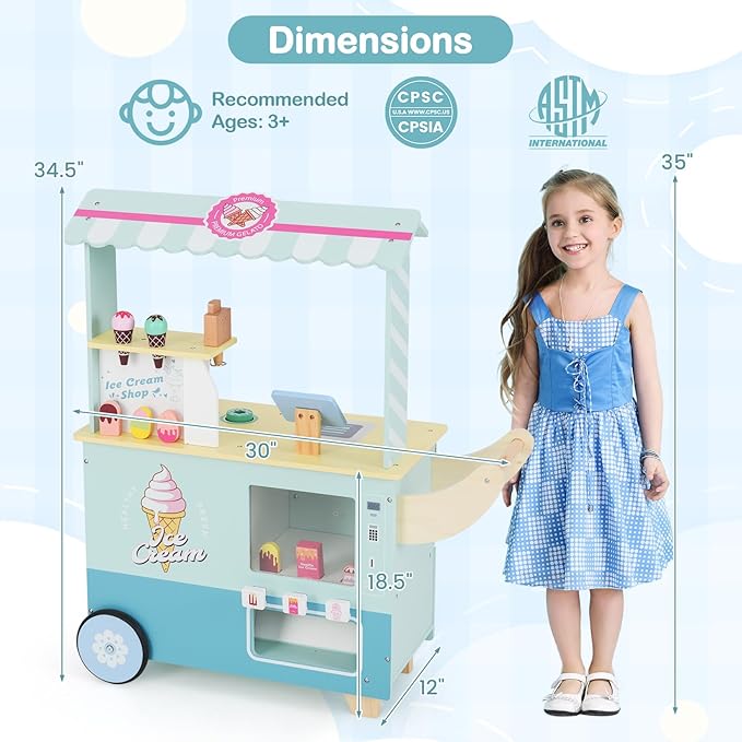 Costzon Ice Cream Cart, Wooden Grocery Store w/Vending Machine, Play Food, Display Rack & Shelves, Swivel Wheels, Push Handle, Ice Cream Truck, Market Stand Pretend Playset for Kids Ages 3+ (Green)