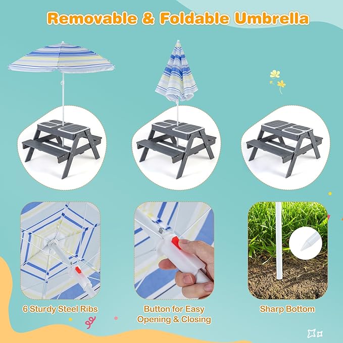 Costzon Kids Picnic Table with Sensory Bins, 4 in 1 Sand and Water Table with Height Adjustable Umbrella, Removable Tabletop, Wooden Kids Outdoor Table for Backyard Patio Play