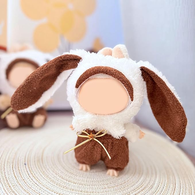 17CM Doll Clothes Set Big Ears Hood + Brown Overalls, Fashion Cute Dress-Up Clothes for Doll Accessories Outfit(No Doll Included)(LBB Clothes 11)