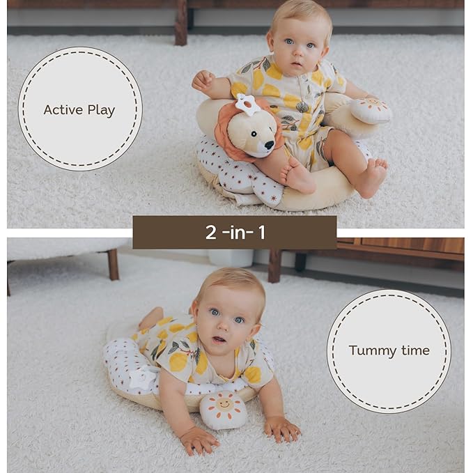 2-in-1 Tummy Time Mat and Seated Support with Sensory Toys – for Newborns and Babies – Includes Detachable Cushion for Supervised Play & Head/Neck Development (Sand)