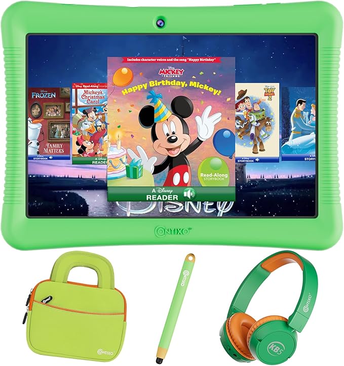 Contixo 10" Android Kids Tablet Bundle - 32GB, 80+ Disney Storybooks ($350 Value), Parental Controls, Kid-Proof Case w/Kickstand & Stylus, Headphones & Sleeve Bag - Green