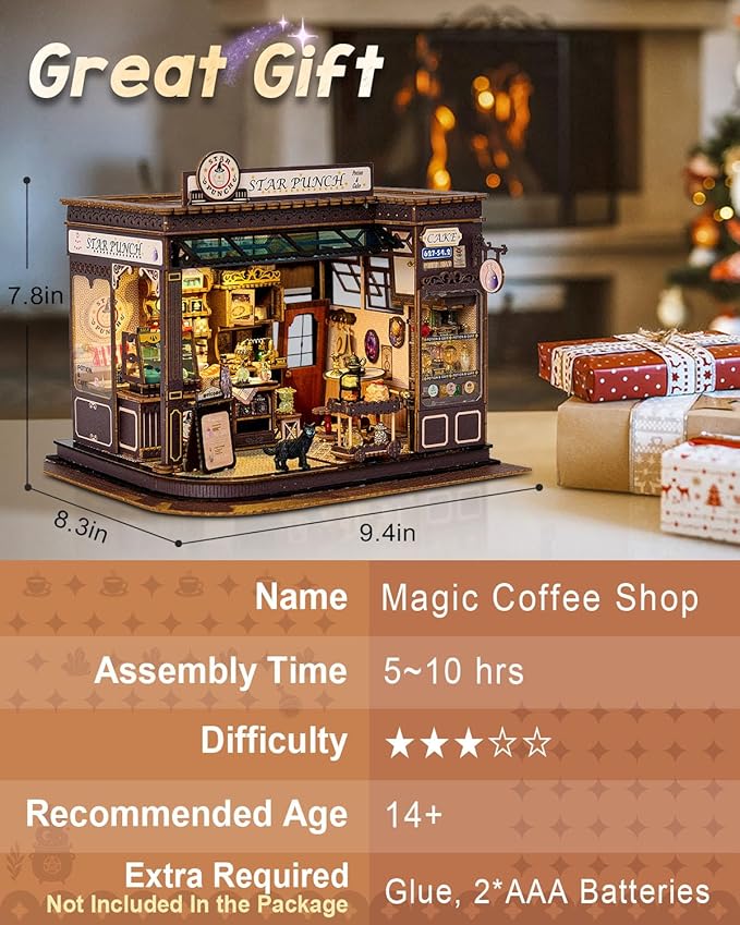 Miniature House Kit Magic Coffee Shop, DIY Miniature Dollhouse Kit for Adults, Tiny House with Furniture & LED Lights, Wooden Craft Mini Model Kits, Birthday Gift for Teens Family Friends