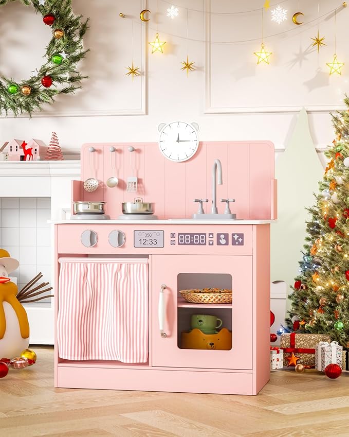 MAMIZO Kids Kitchen Playset with Ample Storage, Interactive Play Kitchen with Simulated Gas Cooker, Clicking Knobs, Sink, Faucet, 6 Pcs Cookware, Educational Clock for Toddlers (Pink)