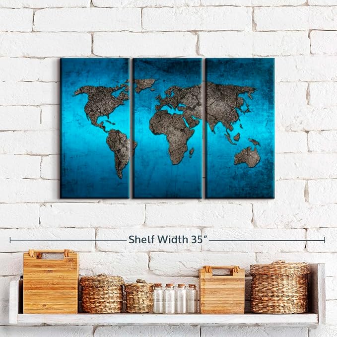 ElephantStock Ocean World Map Multi Piece Canvas - 3 Panel Wall Decor - Map of the World Art - Canvas for the Office and Home - 23" X 14"
