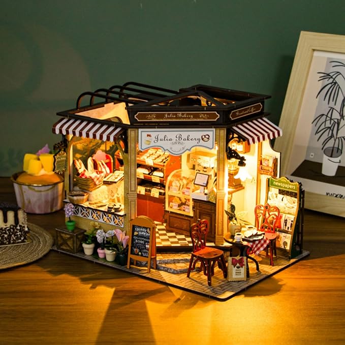 DIY Miniature House Kit, Tiny House Kit with LED, DIY Miniature Kit for Adults Teen, Wooden Dollhouse Kit, Home Decor, Bakery