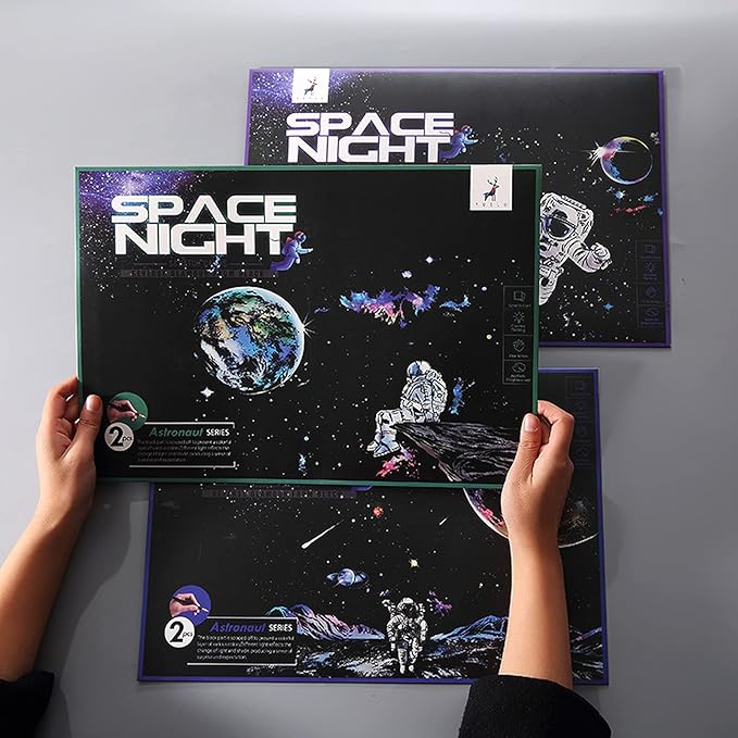 3 Pack Scratch Art Paper Set (16"x11.2") Space Series Series Creative Rainbow Sketches Engraving Craft Kit for Kids & Adults - Cosmos, Astronauts, Starry Sky Painting - 5 Tools: Drawing Pens, Brush