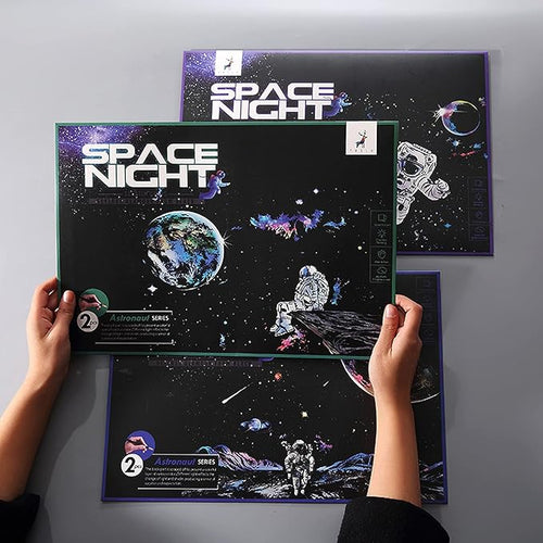 3 Pack Scratch Art Paper Set (16"x11.2") Space Series Series Creative Rainbow Sketches Engraving Craft Kit for Kids & Adults - Cosmos, Astronauts, Starry Sky Painting - 5 Tools: Drawing Pens, Brush