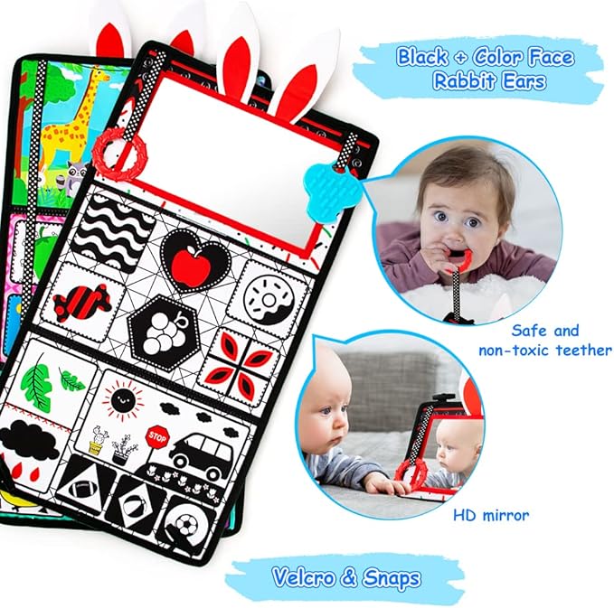 Tummy Time/Baby Mirror Toys, Black and White High Contrast Tabletop Mount Baby Newborn Toys 0 3 6 Months Brain Development, Sensory Texture Piano Infant Toys 0 3 6 Months with Squeaker