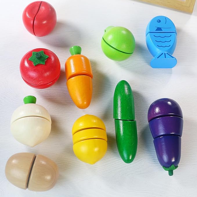 Dailyfunn Wooden Pretend Play Foods Set for Kids Kitchen Montessori Cutting Playset Toys with Storage Box
