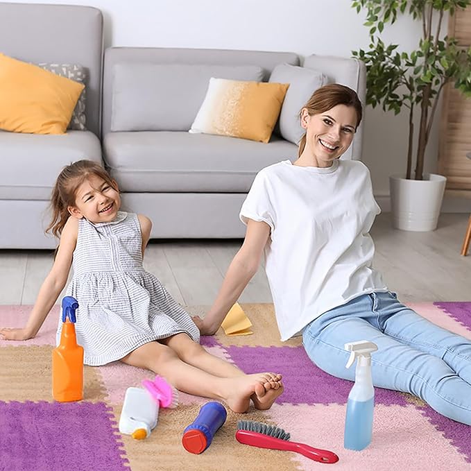 36 Pcs Plush Interlocking Carpet Tiles, Non-Toxic Foam Carpet Tiles for Toddler Baby, Machine-Washable, Anti-Slip, EVA Foam Interlocking Tiles for Floor, Nursery, Playroom, Purple, Light Brown, Pink