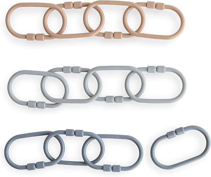 mushie Baby Chain Link Rings Toy 12 Count | Multiuse Car Seat Stroller Connecting Toy (Natural, Stone, Tradewinds)