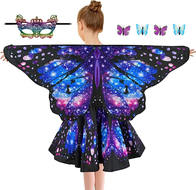 Butterfly Costume for Girls Fairy Wings Kids 4 Pcs(Cape,Skirts,Masks,Hair Clips) Butterfly Wings for Halloween Gifts