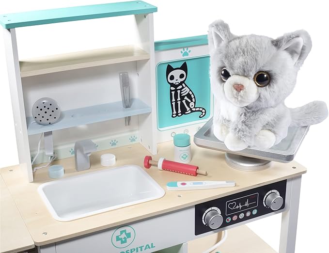 Vet Center Pretend Pet Hospital Playset- Wooden Animal Interactive Medical Checkup Set with Toy Cat, X-Ray Cards Stethoscope & Veterinarian Medical Accessories, Fun Doctor Role Play Xmas Gift for Kids