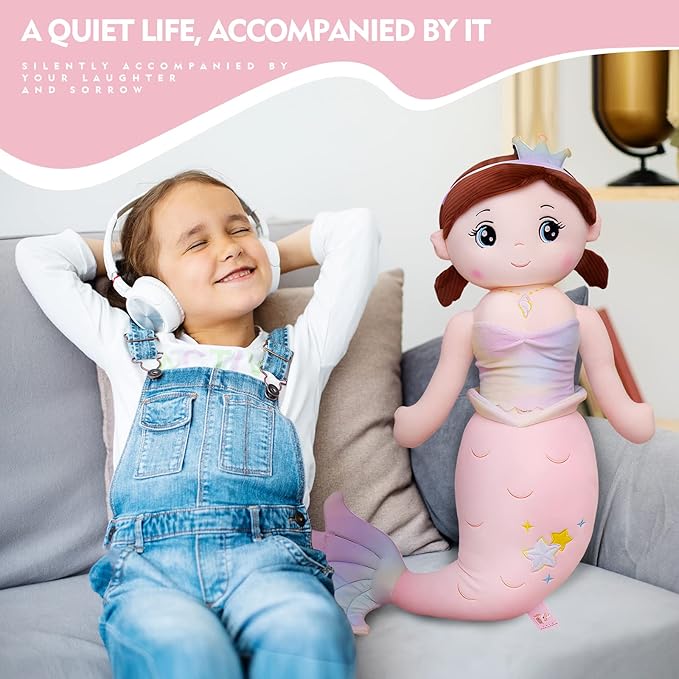 Mermaid Stuffed Animal Plush, 23.6in Cute Soft Pink Hugging Mermaid Plushies Pillow Toys Kawaii Birthday Gift for for Adults Kids Boys Girls