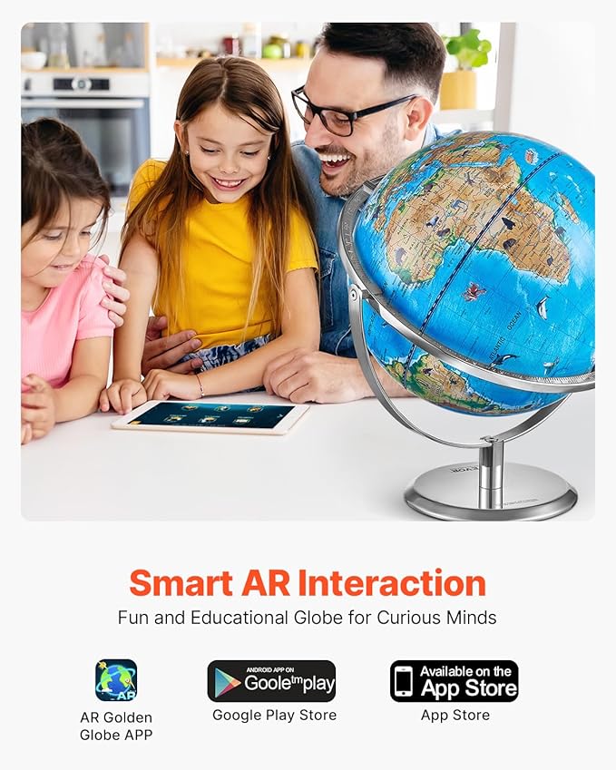 VEVOR Educational World Globe, 10 in/254 mm, Interactive Globe for Kids, with AR Golden APP, 720° Rotation, LED Night Lighting, 197 National Geographic Knowledge, STEM Toy, for Children Ages 4–10